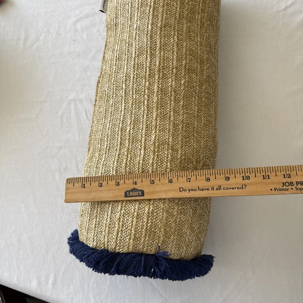 Tommy Bahama Straw Bolster Pillow 20x8.5 Tropical Navy Fringe Tan Decorative